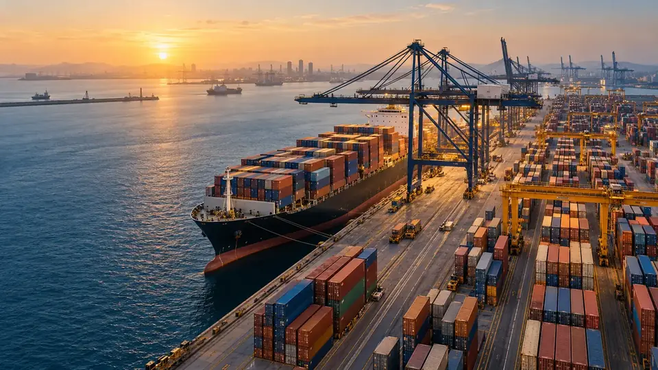 Cargo ship and containers at a port